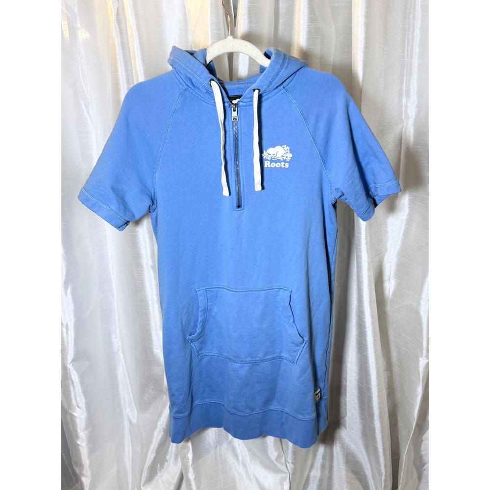 Roots Hoodie Dress Women Small Blue Short Sleeve Quarter Zip Beaver Logo